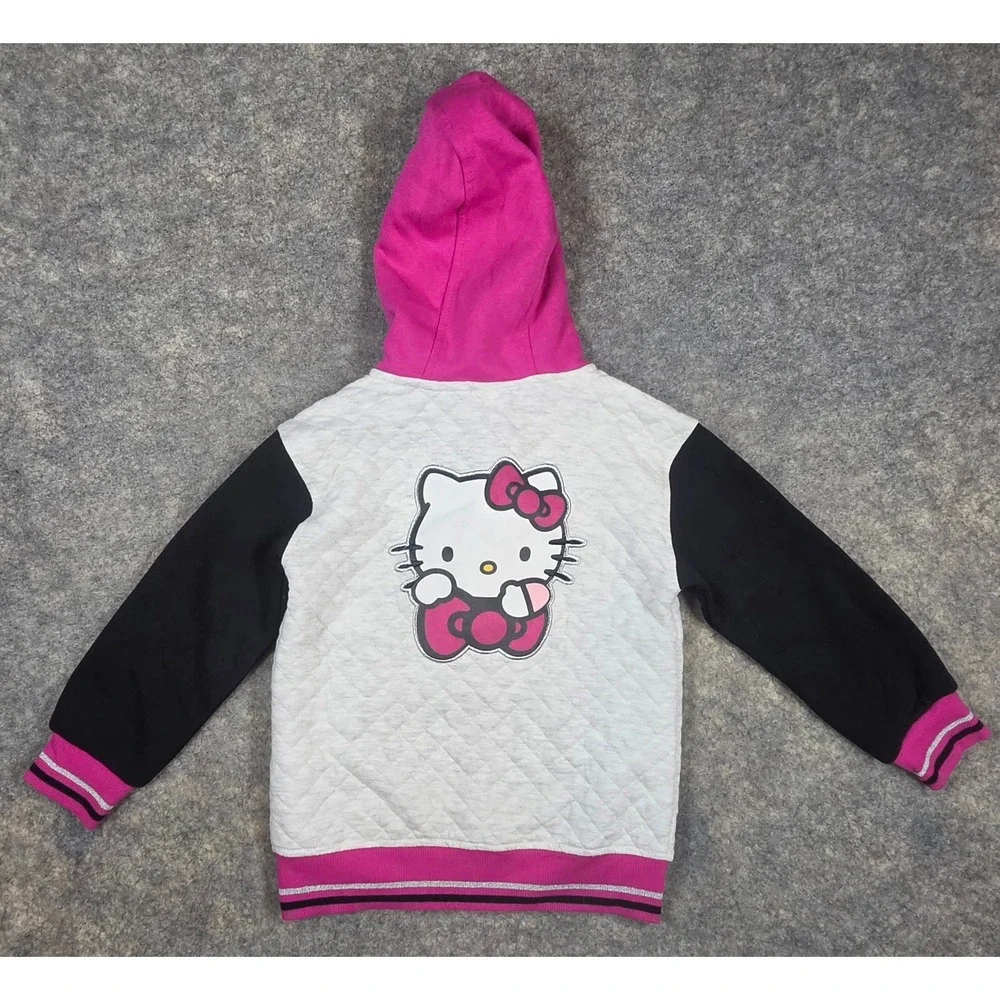 Hello Kitty Girls Quilted Zip Up Hoodie Jacket Grey Pink Black XS 4/5 New NWT